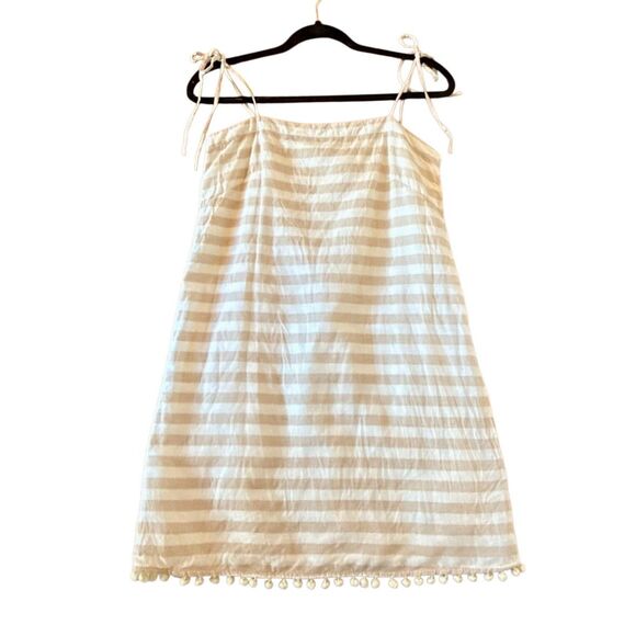 J.Crew beige striped Pom trim linen tie shoulder dress size xs - Picture 3 of 12